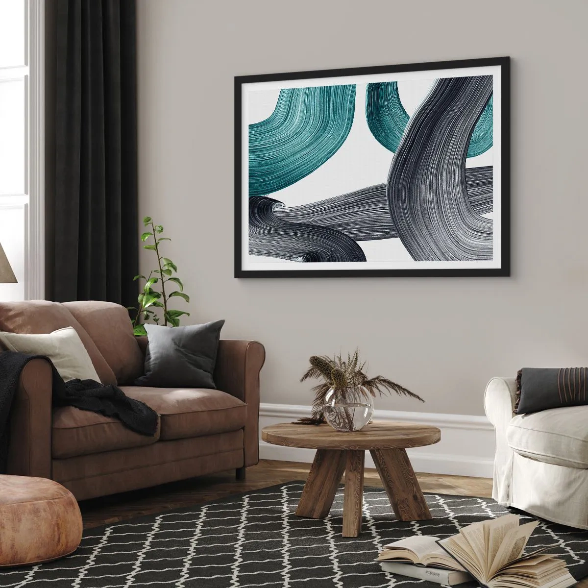 Plakát v černém rámu - Smaragdové a černé vlny - 70x50 cm