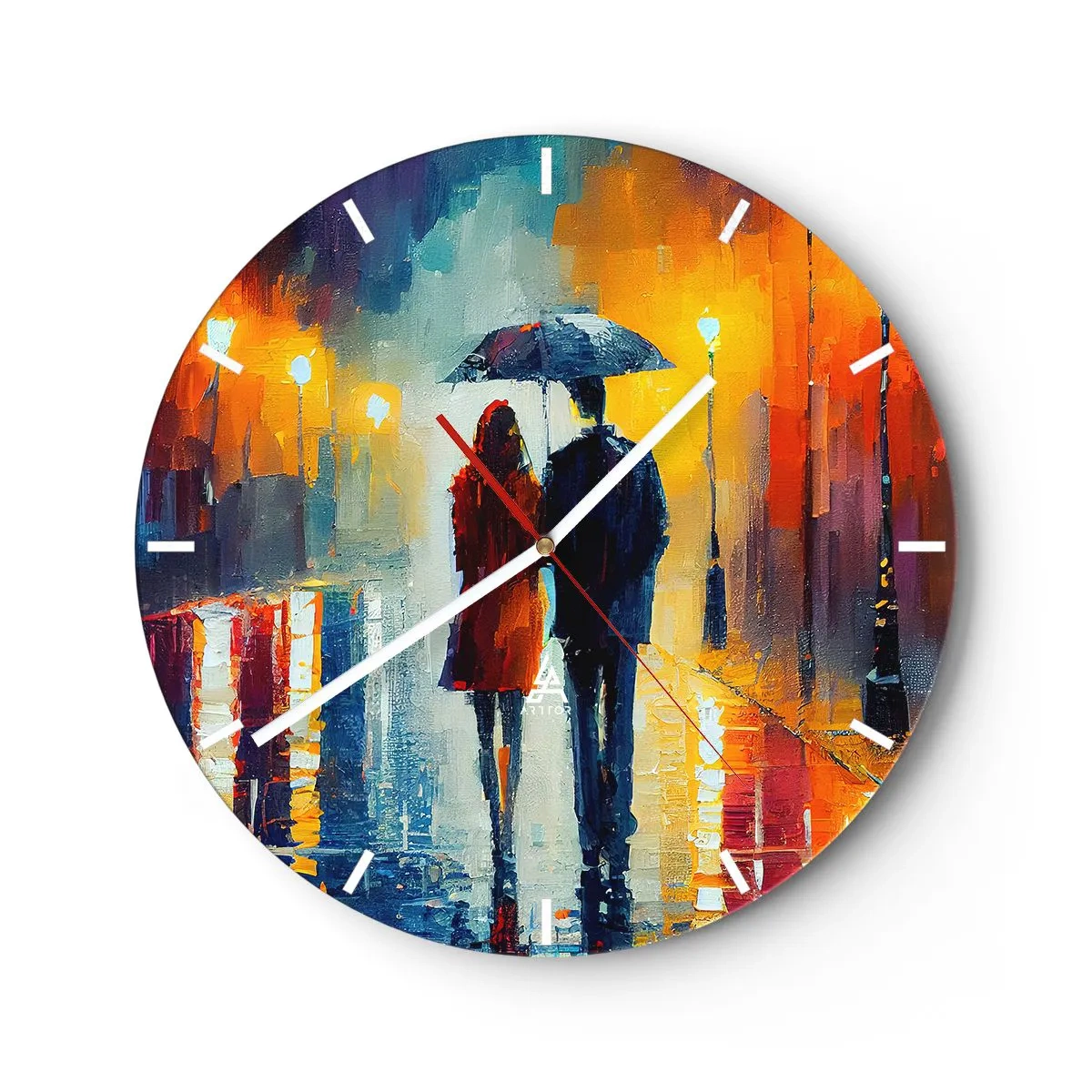 Nástěnné hodiny - Pár s deštníkem na barevné, deštivé ulici v noci. - 30x30cm - Spolu – barevná noc - Moderní nástěnná dekorace do obývacího pokoje, kuchyně a ložnice ARTTOR