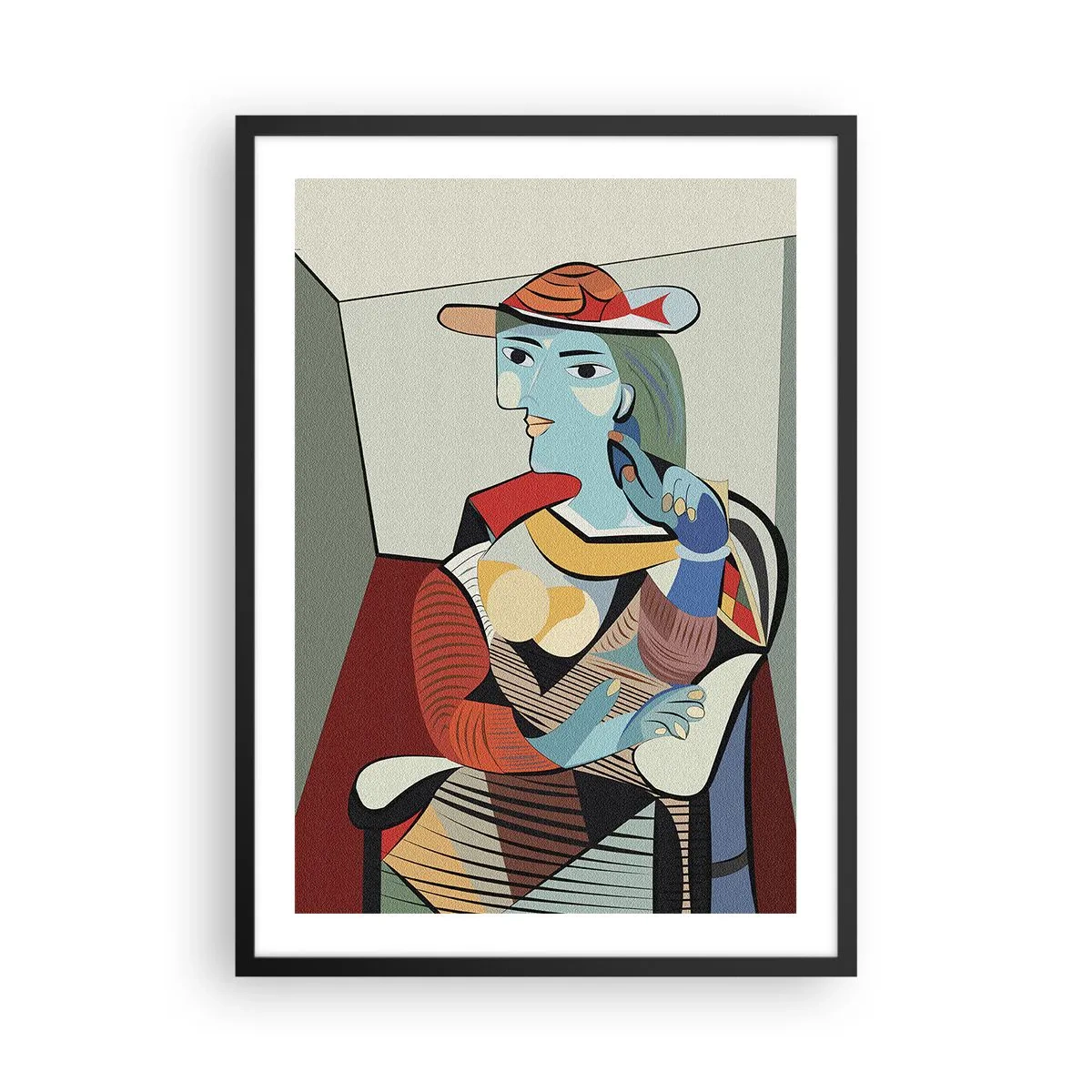Plakát v černém rámu - Kubistický portrét ženy v klobouku - 50x70cm - Očima Picassa - Moderní nástěnná dekorace do obývacího pokoje a ložnice ARTTOR