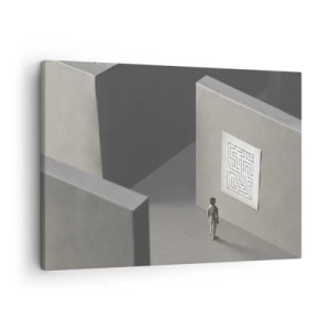 Obraz na plátně - Postava v bludišti dívající se na zavěšenou mapu - 70x50cm - Kde to ale jsem? - Moderní nástěnná dekorace do obývacího pokoje a ložnice ARTTOR