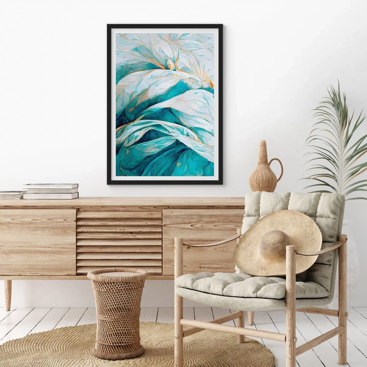 Plakát v černém rámu - Abstraktní listy v odstínech tyrkysové a bílé s jemnou zlatou - 50x70cm - Modrá abstrakce se zlatým motivem - Moderní nástěnná dekorace do obývacího pokoje a ložnice ARTTOR