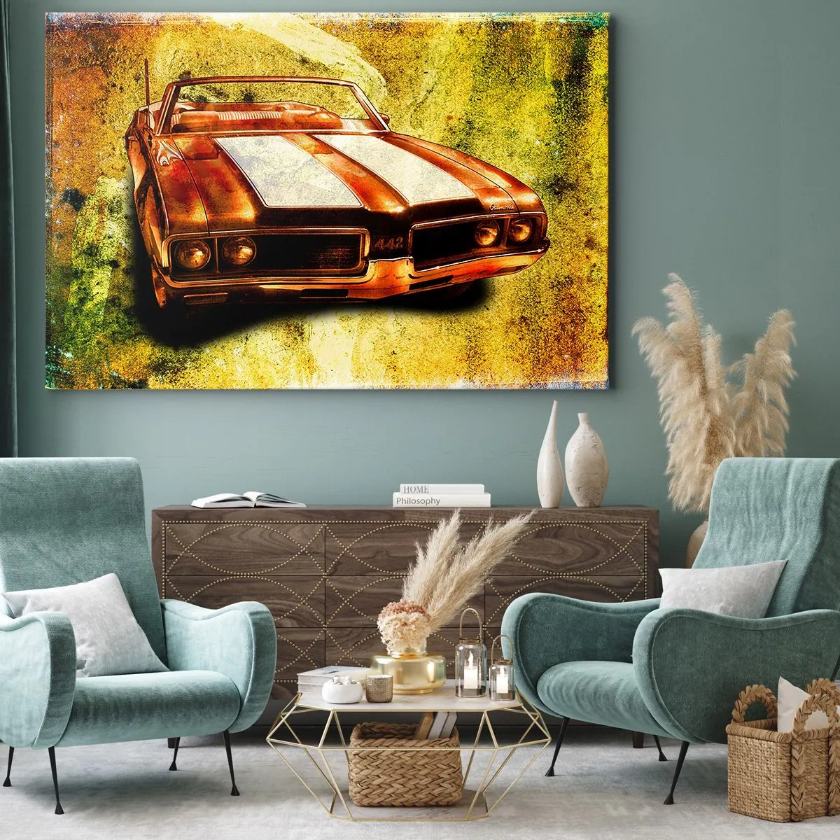 Obraz na plátně - Sportovní retro kabriolet ve zlatých tónech na vintage pozadí - 70x50cm - Síla začarovaná do tvarů - Moderní nástěnná dekorace do obývacího pokoje a ložnice ARTTOR