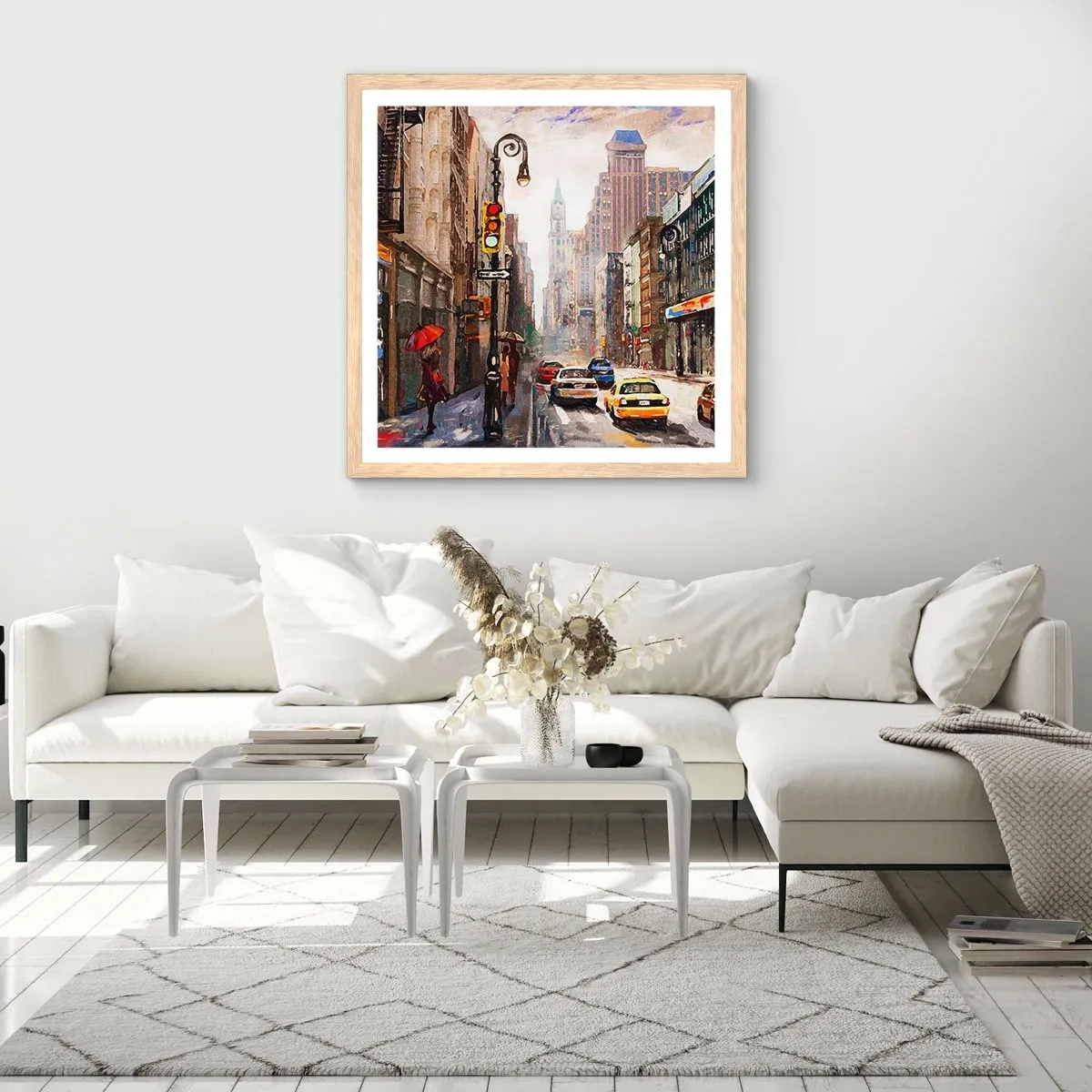 Plakát v rámu světlý dub - New York – barevný i v dešti - 60x60 cm