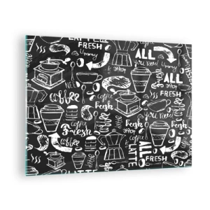 Obraz na skle - Kávová grafika a nápisy na černém pozadí v retro stylu - 70x50cm - All you need is… - Moderní nástěnná dekorace do obývacího pokoje a ložnice ARTTOR