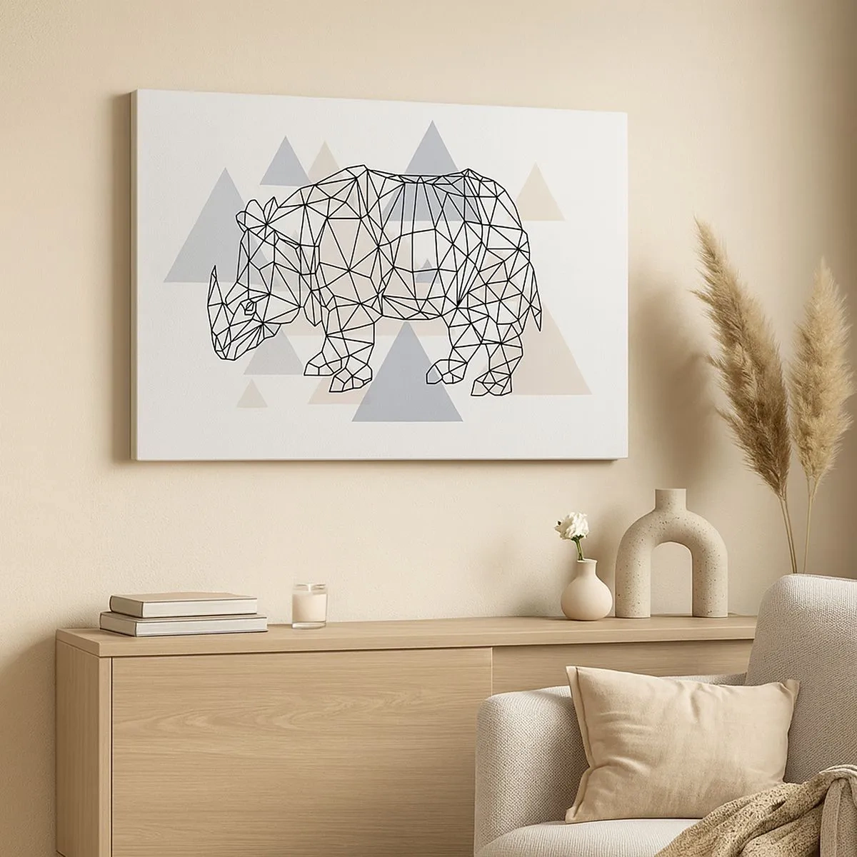 Obraz na plátně - Geometrický nosorožec na pozadí jemných trojúhelníků - 70x50cm - Struktura síly - Moderní nástěnná dekorace do obývacího pokoje a ložnice ARTTOR