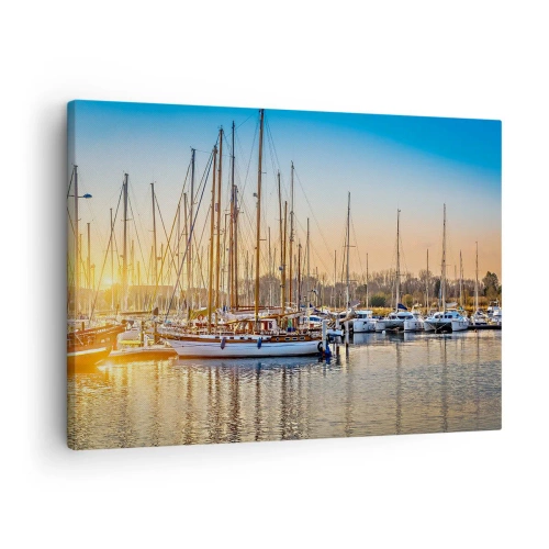 Obraz na plátně - Západ slunce nad přístavem plným plachetnic - 70x50cm - Vítr musí taky spát - Moderní nástěnná dekorace do obývacího pokoje a ložnice ARTTOR