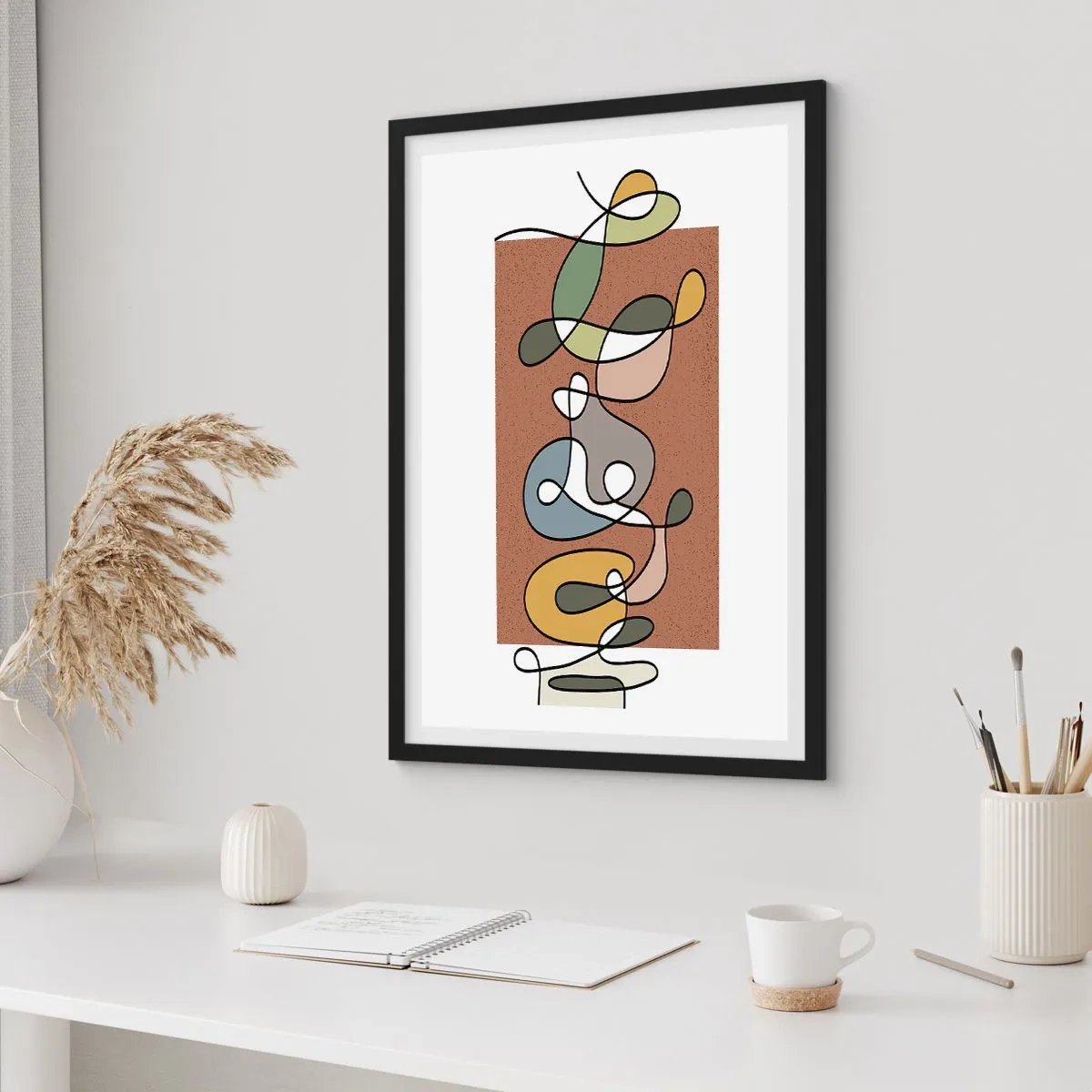 Plakát v černém rámu - Abstraktní kompozice čar a barevných tvarů. - 50x70cm - Abstrakce, která stojí za úsměv - Moderní nástěnná dekorace do obývacího pokoje a ložnice ARTTOR