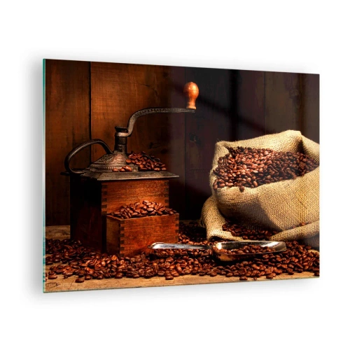 Obraz na skle - Starý mlýnek na kávu s kávovými zrny a sáčkem kávy - 70x50cm - Zátiší se zrnky kávy a mlýnkem - Moderní nástěnná dekorace do obývacího pokoje a ložnice ARTTOR