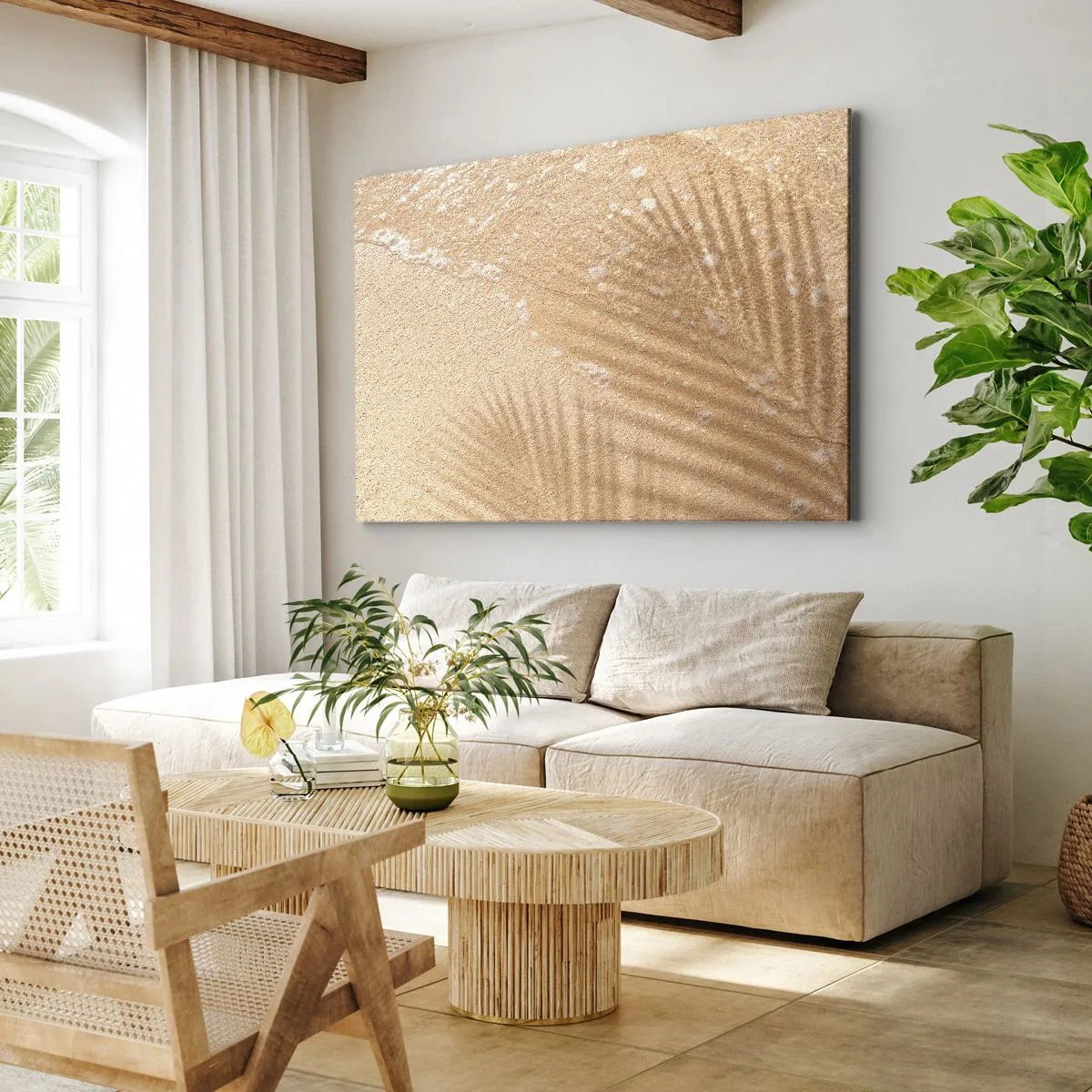 Obraz na plátně - Stín palmy na písku s jemným vlnovým vzorem - 70x50cm - Stín horkého léta - Moderní nástěnná dekorace do obývacího pokoje a ložnice ARTTOR
