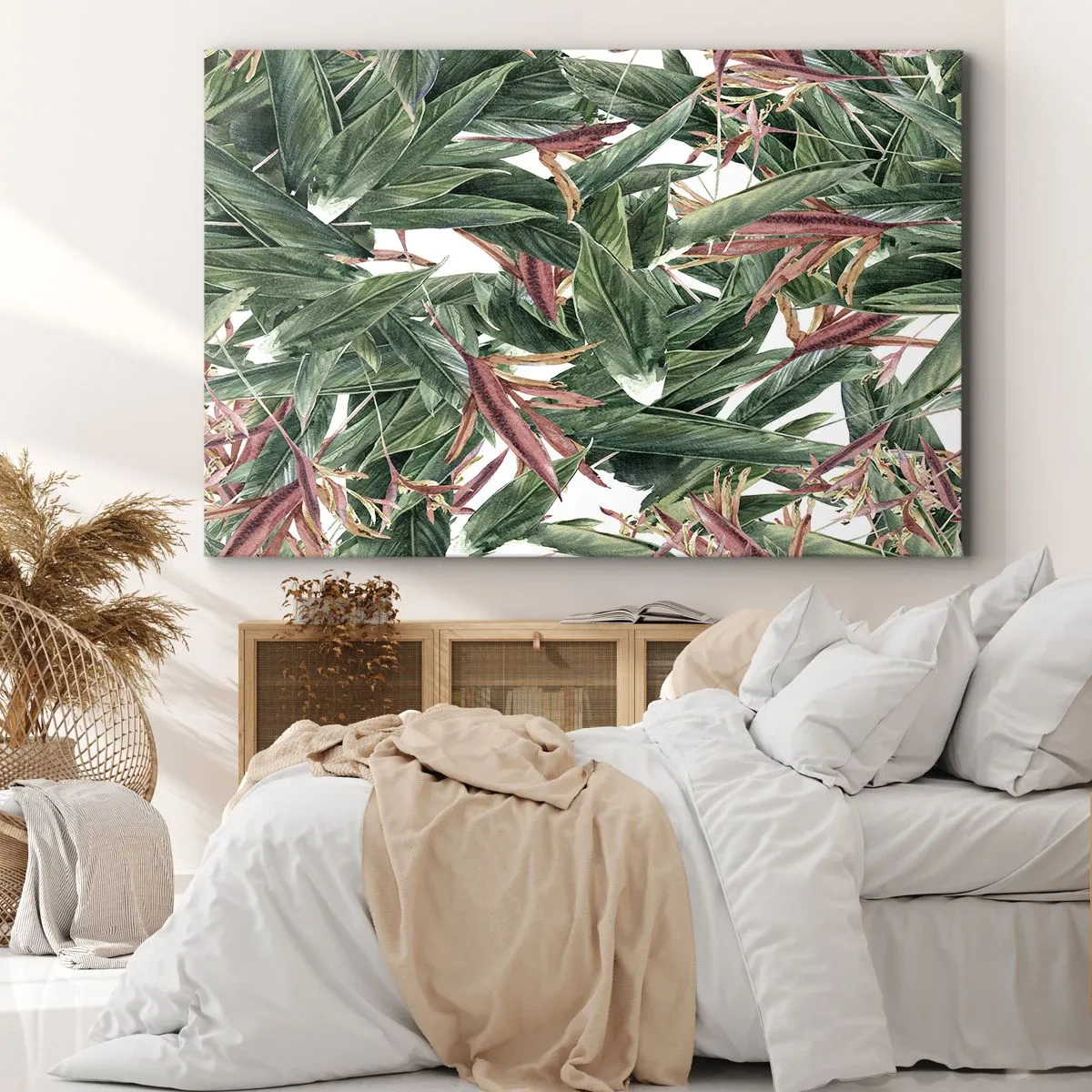 Obraz na plátně - Dekorativní motiv listu v odstínech zelené a vínové na světlém pozadí - 70x50cm - Smaragdově-liliové houští - Moderní nástěnná dekorace do obývacího pokoje a ložnice ARTTOR