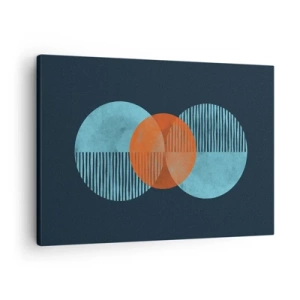 Obraz na plátně - Geometrické kruhy v odstínech modré a oranžové - 70x50cm - Symetrická kompozice - Moderní nástěnná dekorace do obývacího pokoje a ložnice ARTTOR