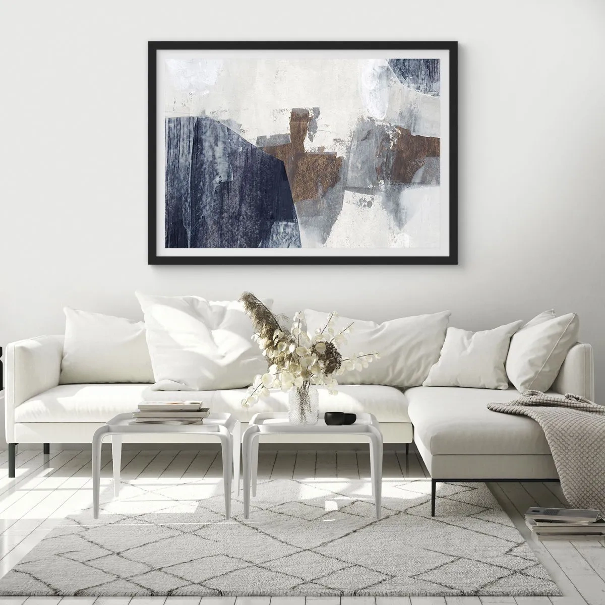 Plakát v černém rámu - Modro-hnědé tvary - 100x70 cm