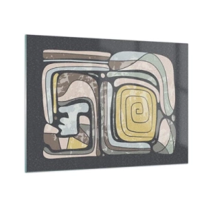 Obraz na skle - Geometrická abstrakce v zemitých tónech na černém pozadí - 70x50cm - Abstrakce v předkolumbovském duchu - Moderní nástěnná dekorace do obývacího pokoje a ložnice ARTTOR