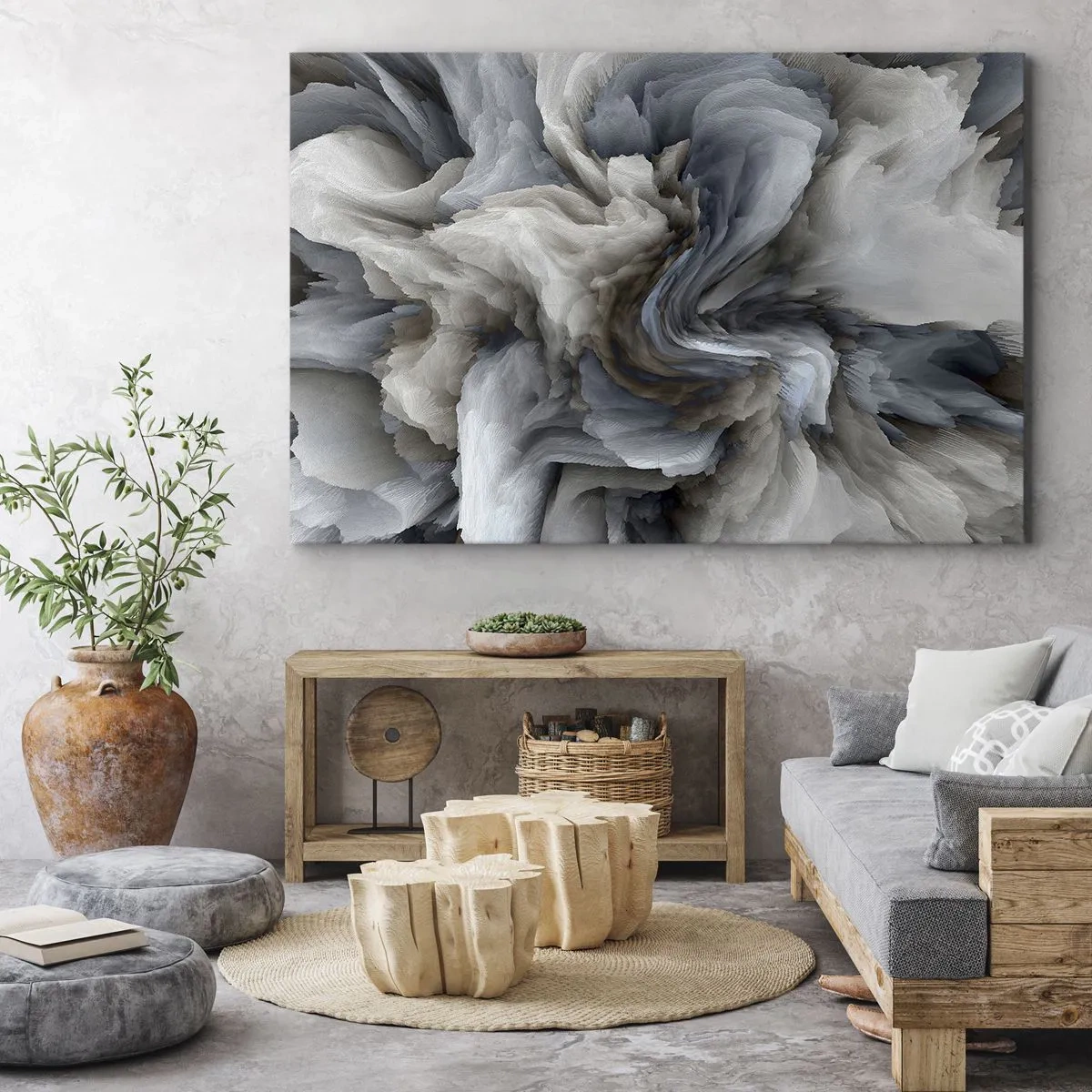 Obraz na plátně - Abstraktní vír v odstínech šedé a modré - 70x50cm - Kámen a květ - Moderní nástěnná dekorace do obývacího pokoje a ložnice ARTTOR