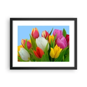 Plakát v černém rámu - Květinová duha v kapkách rosy - 40x30 cm