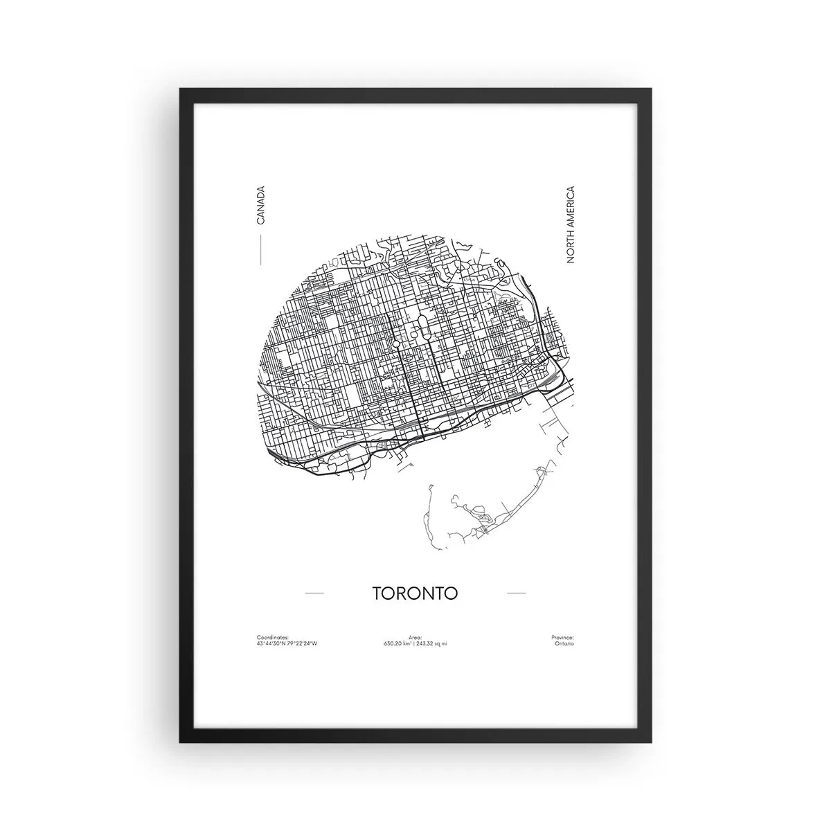 Plakát v černém rámu - Minimalistická černobílá mapa Toronta - 50x70cm - Anatomie Toronta - Moderní nástěnná dekorace do obývacího pokoje a ložnice ARTTOR