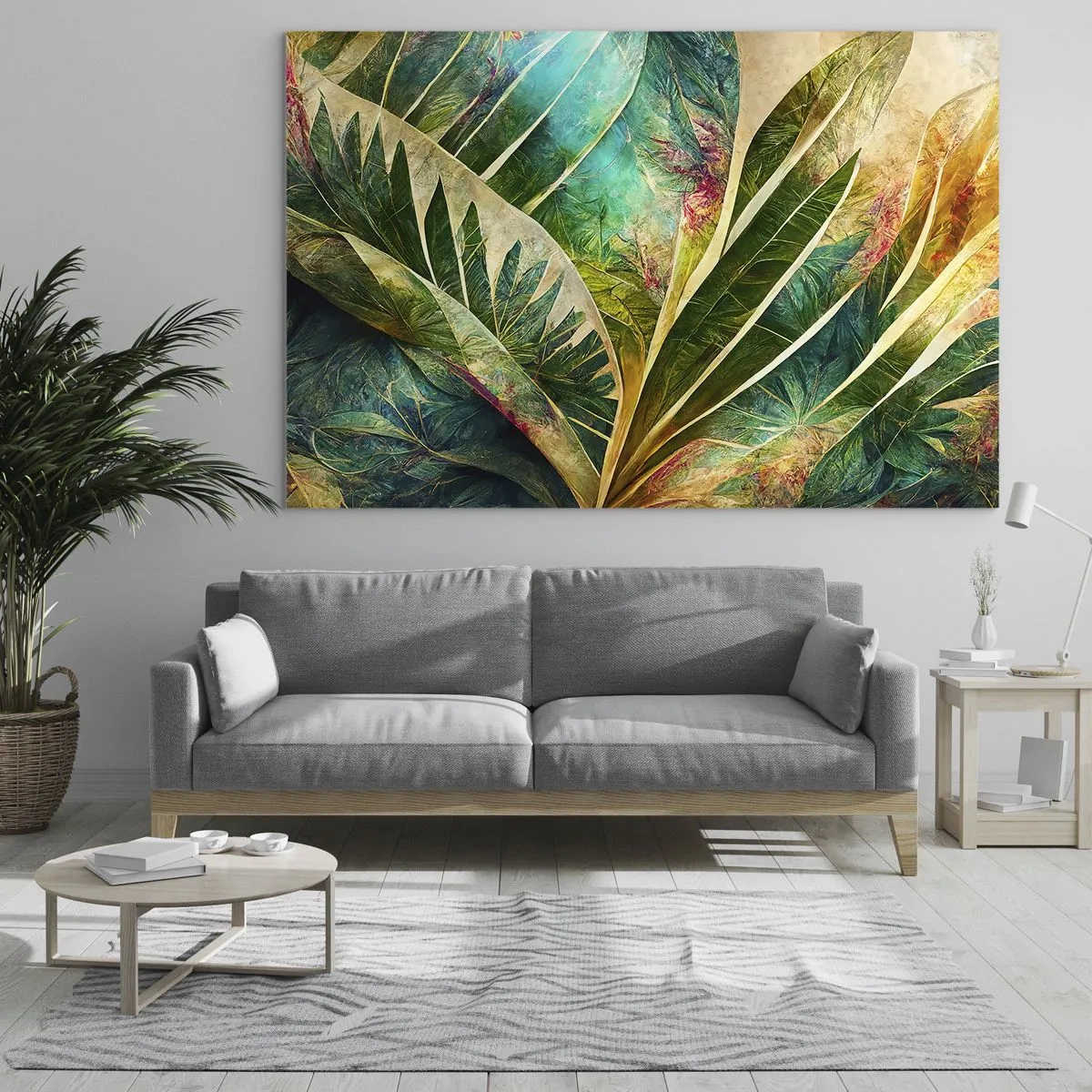 Obraz na skle - Barevné listy s tropickým nádechem - 70x50cm - Barvy tropů - Moderní nástěnná dekorace do obývacího pokoje a ložnice ARTTOR