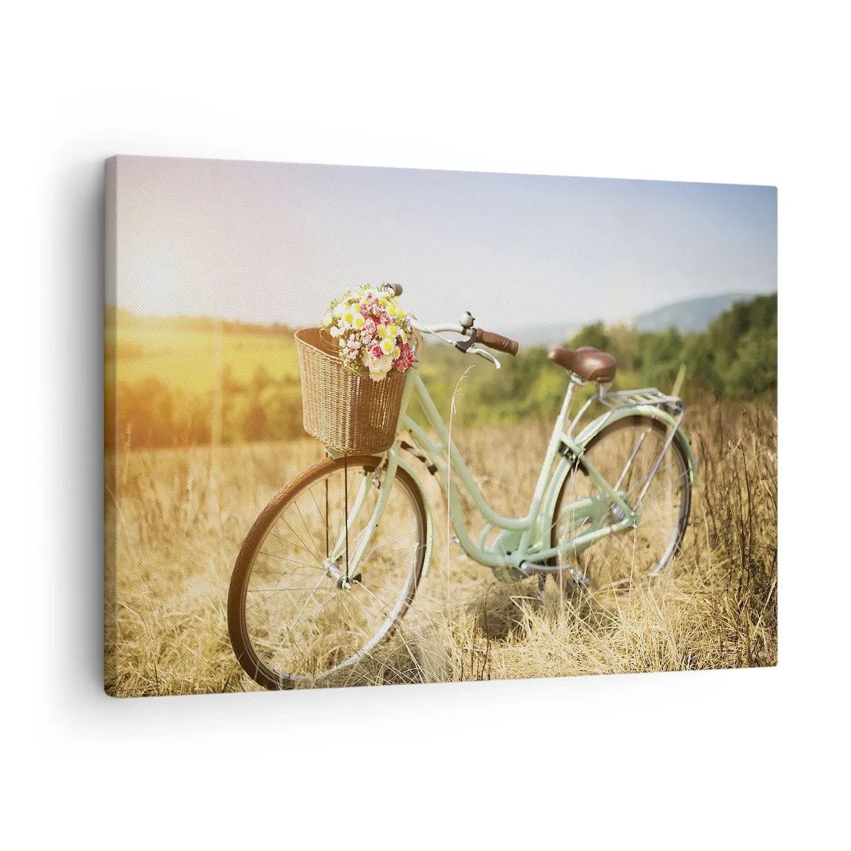 Obraz na plátně - Retro kolo s košíkem plným květin na pozadí louky. - 70x50cm - Chvíli tu zůstanu - Moderní nástěnná dekorace do obývacího pokoje a ložnice ARTTOR