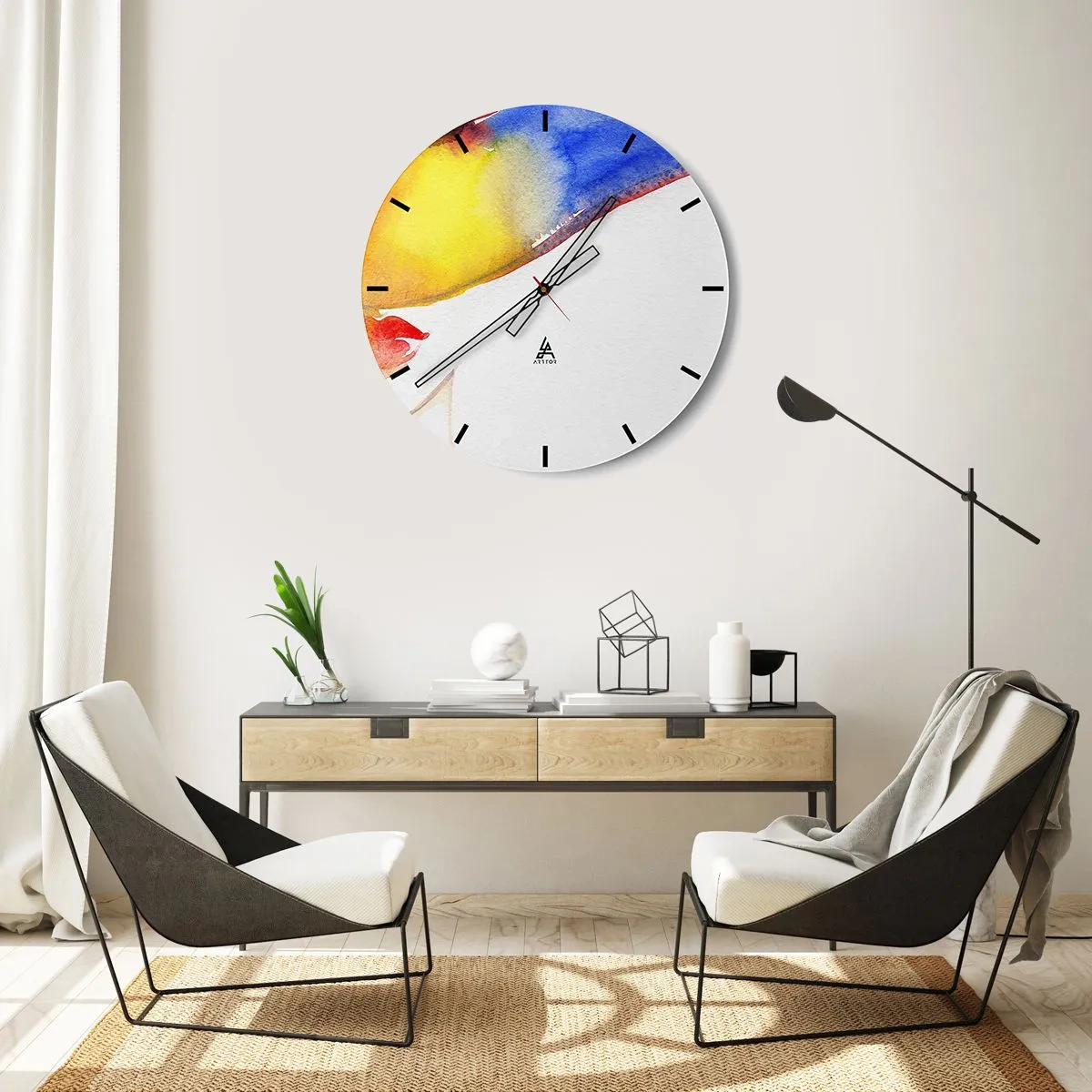 Nástěnné hodiny - Abstraktní portrét s akvarelovými cákanci - 30x30cm - Portrét dámy    - Moderní nástěnná dekorace do obývacího pokoje, kuchyně a ložnice ARTTOR