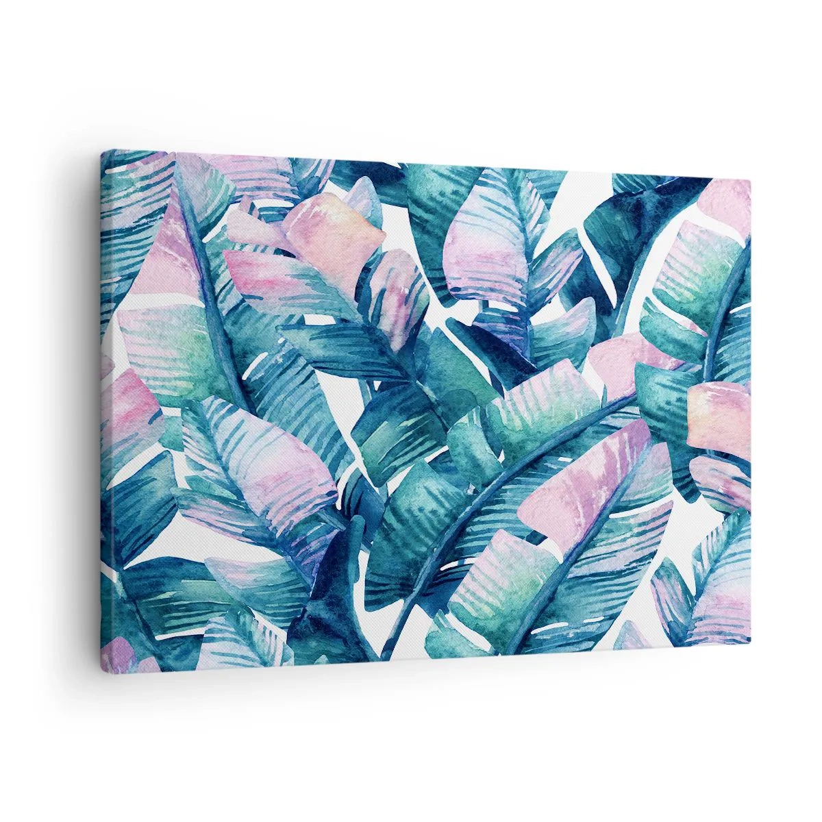 Obraz na plátně - Banánové listy v odstínech modré a růžové - 70x50cm - V banánovém háji - Moderní nástěnná dekorace do obývacího pokoje a ložnice ARTTOR