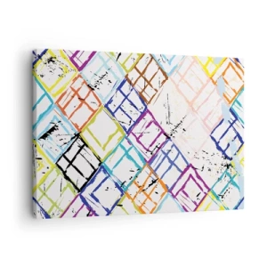 Obraz na plátně - Barevná abstrakce s geometrickými tvary na bílém pozadí - 70x50cm - Buňky k pronájmu - Moderní nástěnná dekorace do obývacího pokoje a ložnice ARTTOR