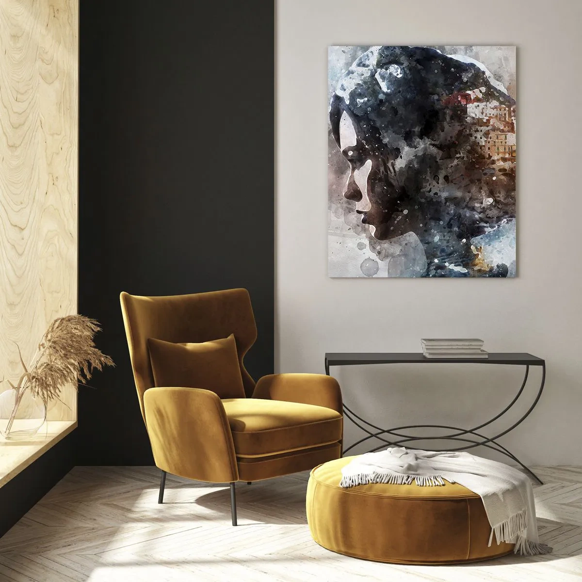 Obraz na skle - Příběh o dívce s městem v pozadí - 50x70 cm