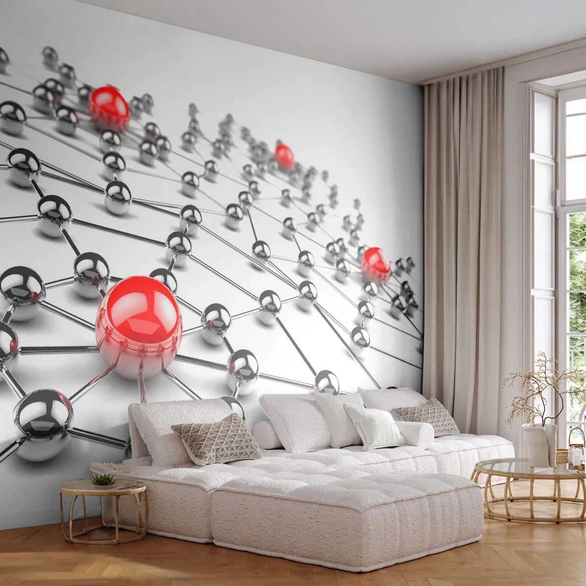 Fototapeta Samolepicí Deluxe Sticker - Stříbrná síť - Abstrakce, Kovové koule, 3D - 250x175 cm