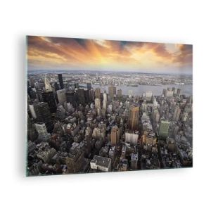 Obraz na skle - Panorama města s výhledem na mrakodrapy při západu slunce - 70x50cm - Bušící srdce naší doby - Moderní nástěnná dekorace do obývacího pokoje a ložnice ARTTOR