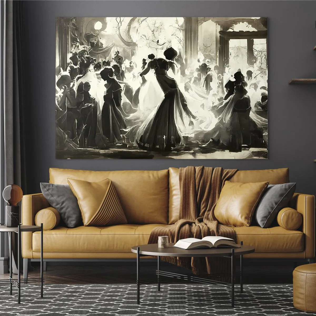 Obraz na skle - Scéna z tanečního sálu v retro stylu s tančícími postavami - 70x50cm - Velká maškaráda - Moderní nástěnná dekorace do obývacího pokoje a ložnice ARTTOR