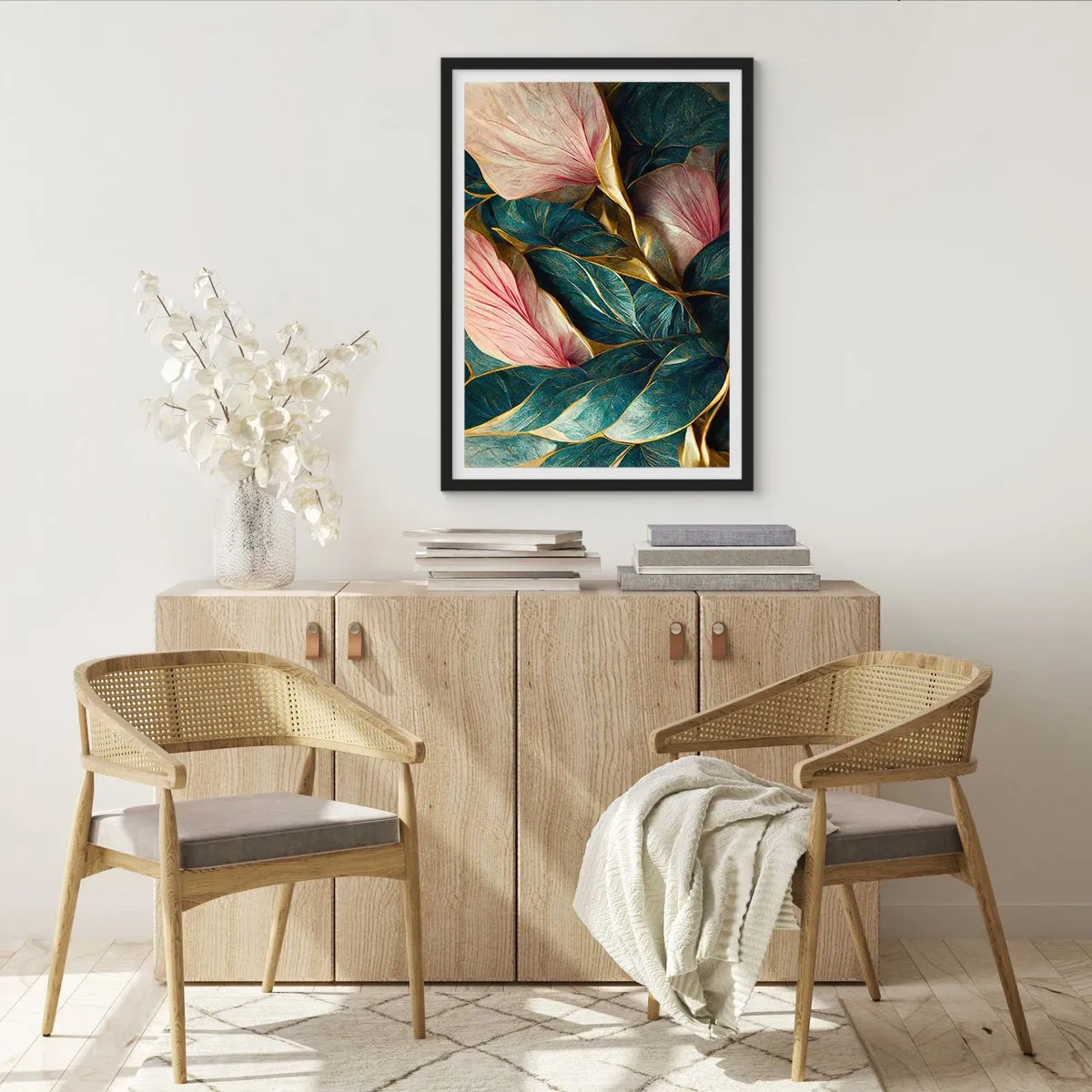 Plakát v černém rámu - Elegantní kompozice listů v odstínech zelené, zlaté a růžové - 50x70cm - Přirozená elegance a styl - Moderní nástěnná dekorace do obývacího pokoje a ložnice ARTTOR
