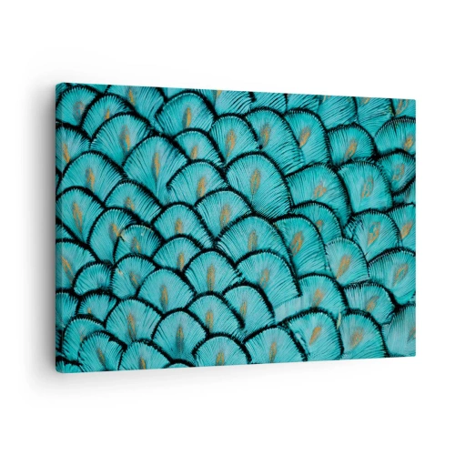 Obraz na plátně - Vzor připomínající tyrkysové šupiny se zlatými akcenty - 70x50cm - Velká slavnost peří - Moderní nástěnná dekorace do obývacího pokoje a ložnice ARTTOR