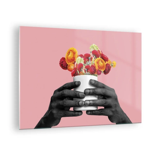 Obraz na skle - Černobílé ruce držící barevnou kytici květin - 70x50cm - Apoteóza života - Moderní nástěnná dekorace do obývacího pokoje a ložnice ARTTOR