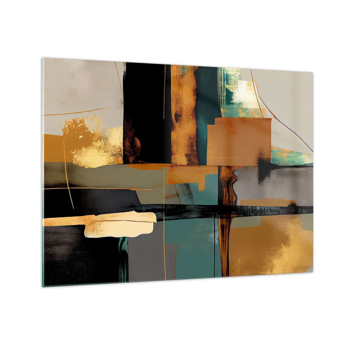 Obraz na skle - Moderní abstrakce s kontrastní zlatou, černou a tyrkysovou - 70x50cm - Abstrakce – světlo a stín - Moderní nástěnná dekorace do obývacího pokoje a ložnice ARTTOR