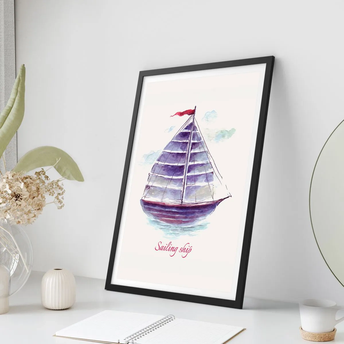 Plakát v černém rámu - Akvarelová ilustrace plachetnice na klidné vodě - 50x70cm - Napnuté plachty a klidná voda - Moderní nástěnná dekorace do obývacího pokoje a ložnice ARTTOR