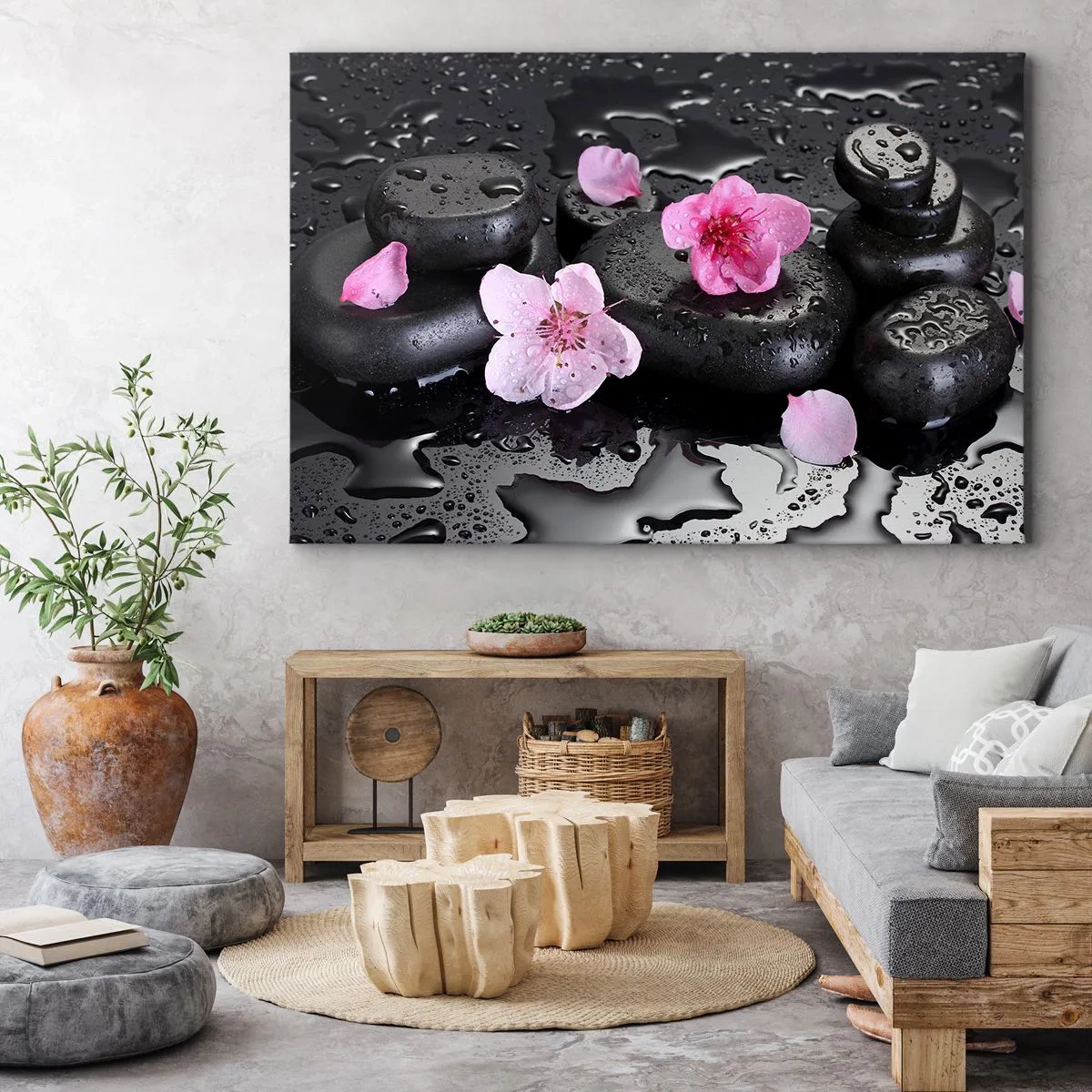 Obraz na plátně - Černé kameny a růžové květy ve stylu lázní - 70x50cm - A kámen spadl ze srdce - Moderní nástěnná dekorace do obývacího pokoje a ložnice ARTTOR