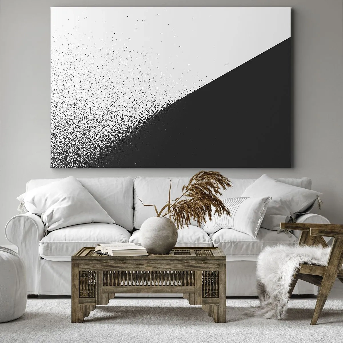 Obraz na plátně - Minimalistická abstrakce v černé a bílé s rozptýlenými tečkami - 70x50cm - Rychleji a rychleji, více a více - Moderní nástěnná dekorace do obývacího pokoje a ložnice ARTTOR
