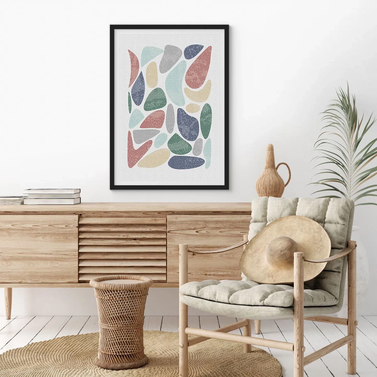 Plakát v černém rámu - Abstraktní kameny v pastelových odstínech - 50x70cm - Mozaika práškových barev - Moderní nástěnná dekorace do obývacího pokoje a ložnice ARTTOR
