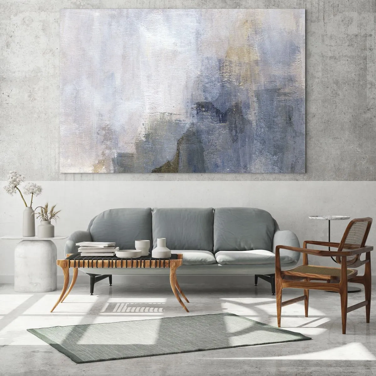 Obraz na skle - Abstraktní kompozice v chladných modrých a béžových tónech. - 70x50cm - Tóny a akordy barev - Moderní nástěnná dekorace do obývacího pokoje a ložnice ARTTOR