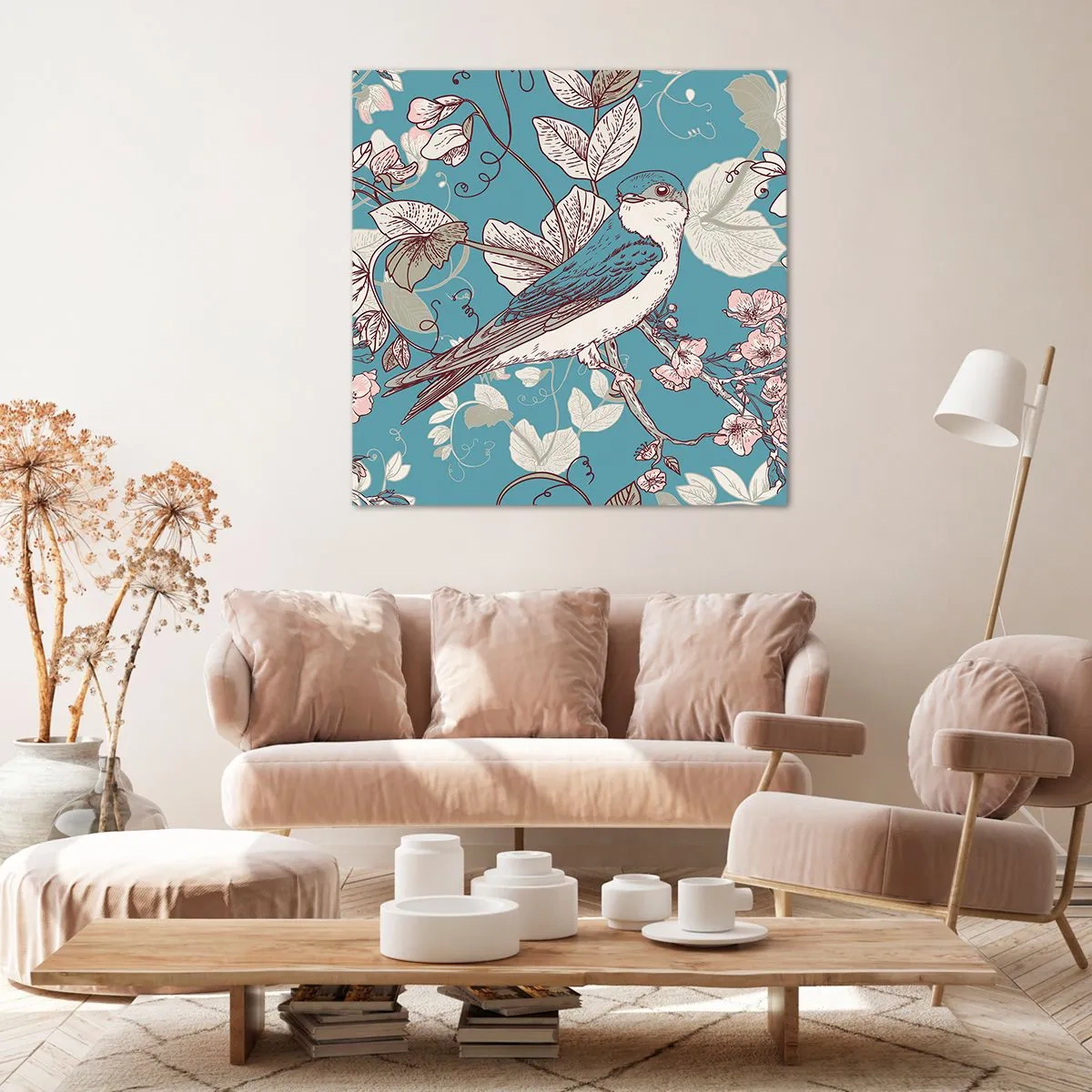 Obraz na plátně - Na bílém stromě ptáci a stříbrné listí - 60x60 cm