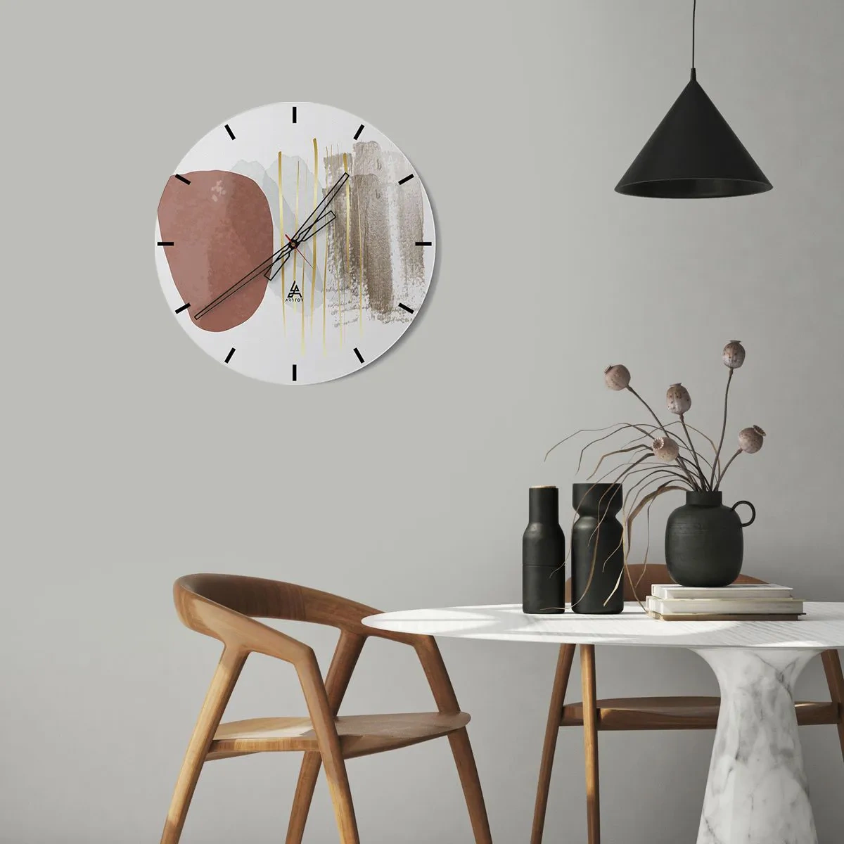 Nástěnné hodiny - Minimalistické abstraktní tvary v béžových a hnědých odstínech - 30x30cm - Abstraktní kolonáda - Moderní nástěnná dekorace do obývacího pokoje, kuchyně a ložnice ARTTOR