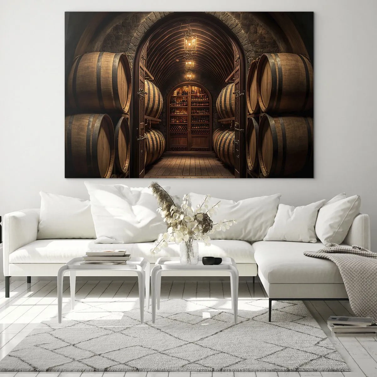 Obraz na skle - Vinice se sudy a osvětleným sklepem plným lahví - 70x50cm - Nádherný sklep - Moderní nástěnná dekorace do obývacího pokoje a ložnice ARTTOR