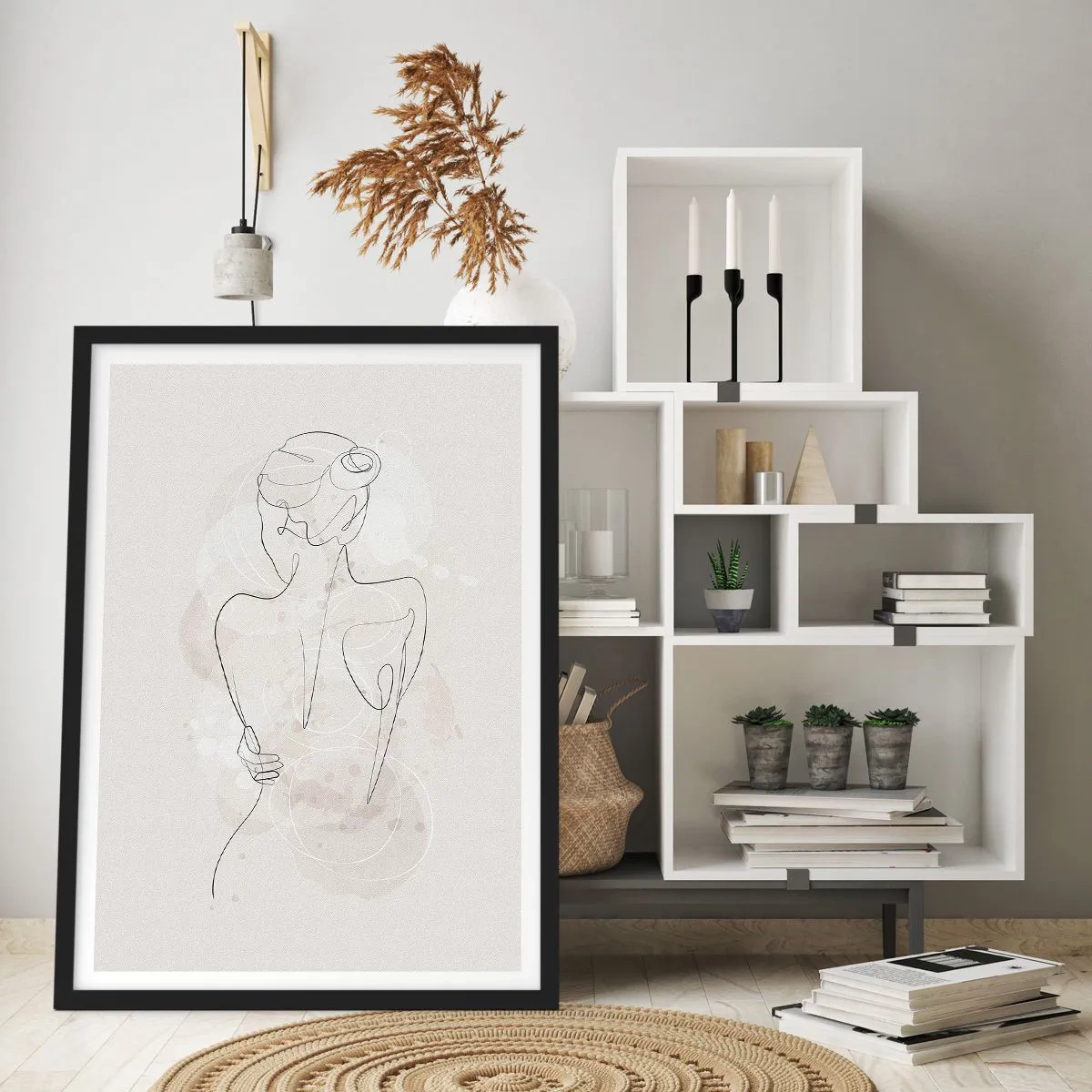 Plakát v černém rámu - Jemná ženská silueta v nepřetržité linii - 50x70cm - Jako citlivý nástroj - Moderní nástěnná dekorace do obývacího pokoje a ložnice ARTTOR