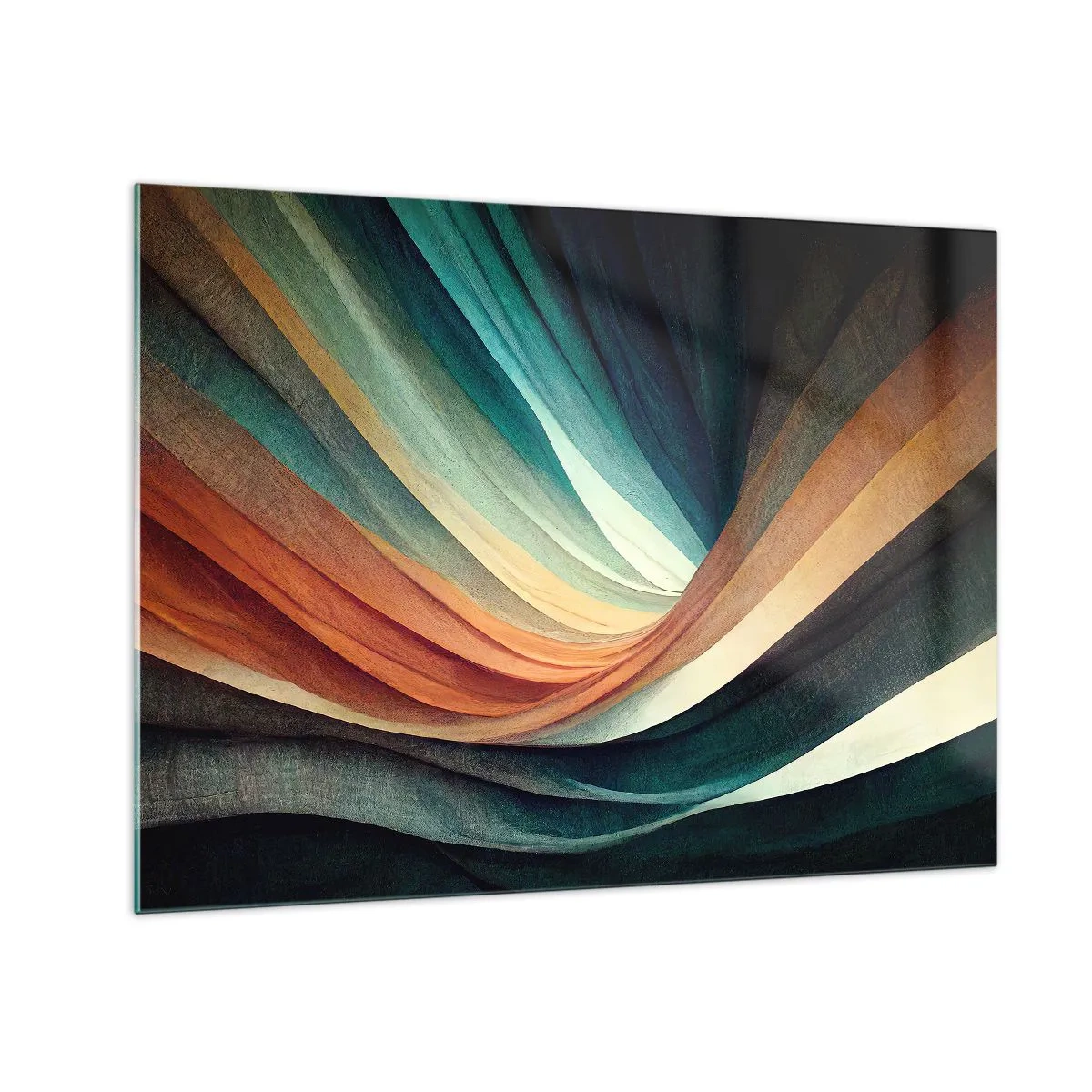 Obraz na skle - Barevné vlny v odstínech tyrkysové, oranžové a béžové - 70x50cm - Utkané z barev - Moderní nástěnná dekorace do obývacího pokoje a ložnice ARTTOR