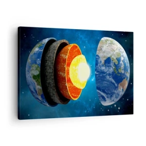 Obraz na plátně - Průřez Zemí zobrazující její vrstvy ve vesmíru. - 70x50cm - Výprava do středu Země - Moderní nástěnná dekorace do obývacího pokoje a ložnice ARTTOR