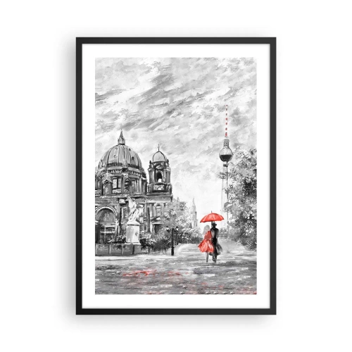 Plakát v černém rámu - Postava s červeným deštníkem na pozadí berlínské architektury - 50x70cm - Berlínské setkání - Moderní nástěnná dekorace do obývacího pokoje a ložnice ARTTOR