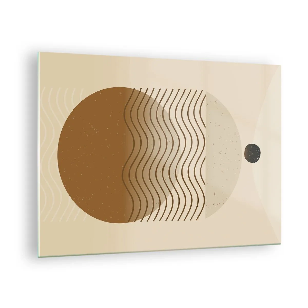 Obraz na skle - Geometrická kompozice s vlnami a kruhy v béžových barvách - 70x50cm - O původu geometrických obrazců - Moderní nástěnná dekorace do obývacího pokoje a ložnice ARTTOR