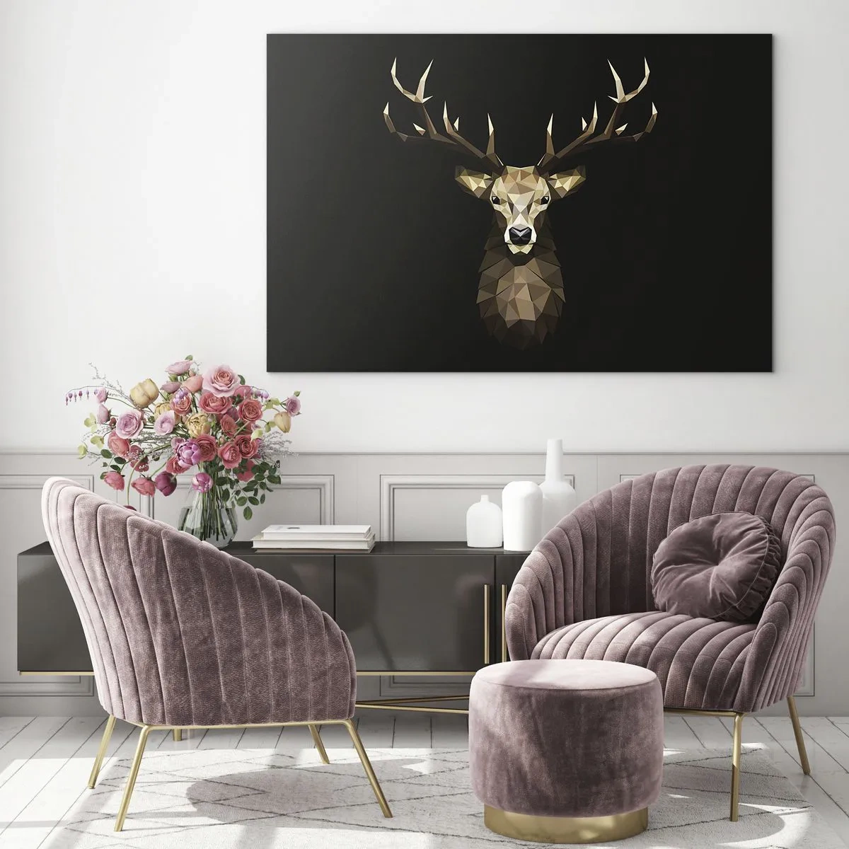 Obraz na skle - Geometrický jelen na černém pozadí - 70x50cm - Kubistický jelen - Moderní nástěnná dekorace do obývacího pokoje a ložnice ARTTOR