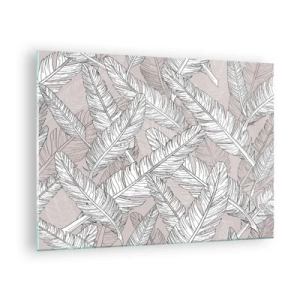 Obraz na skle - Černobílé listy na béžovém pozadí v grafickém stylu - 70x50cm - Víření peří - Moderní nástěnná dekorace do obývacího pokoje a ložnice ARTTOR