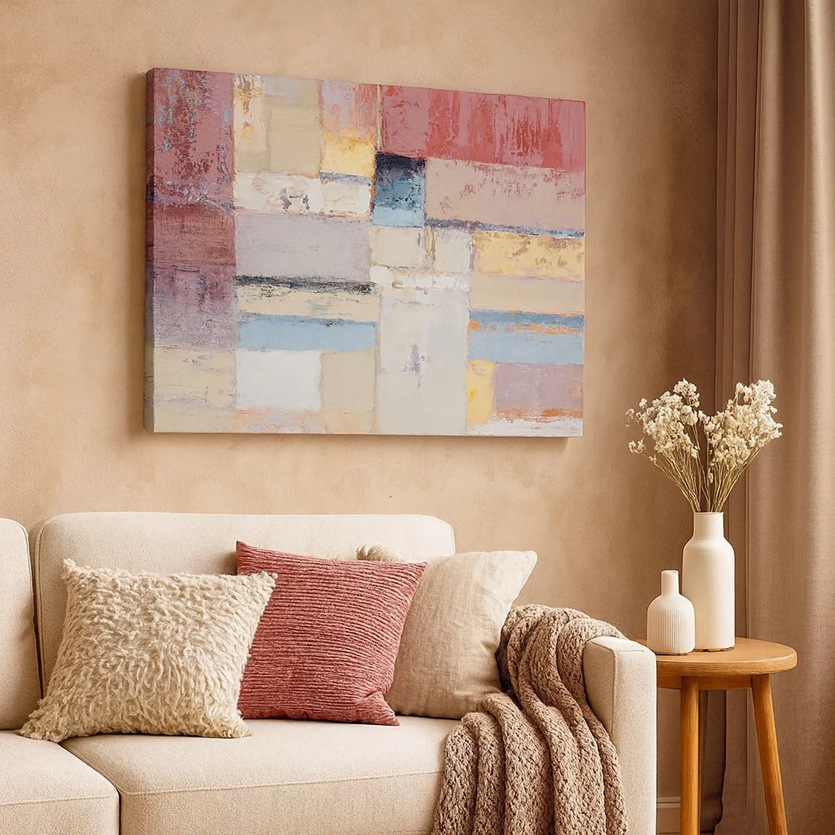 Obraz na plátně - Geometrická kompozice v pastelových barvách - 70x50cm - Klid geometrie - Moderní nástěnná dekorace do obývacího pokoje a ložnice ARTTOR