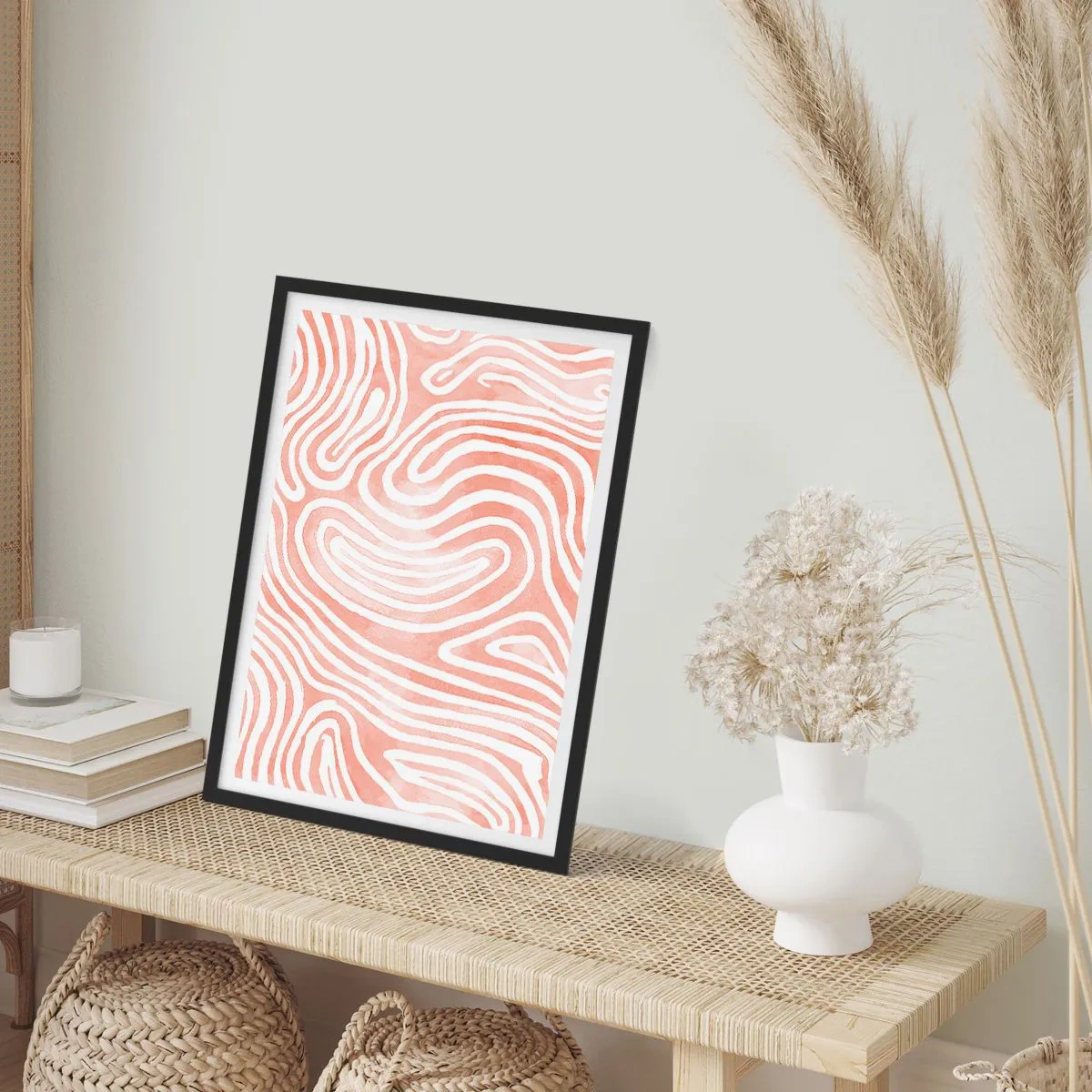 Plakát v černém rámu - Abstraktní linie v odstínech lososa a bílé - 50x70cm - V korálovém labyrintu - Moderní nástěnná dekorace do obývacího pokoje a ložnice ARTTOR